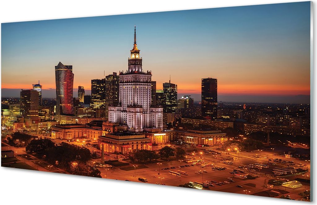 Glasbilder 120x60 Wandkunst Nachtpanorama von Warschau Wolkenkratzer