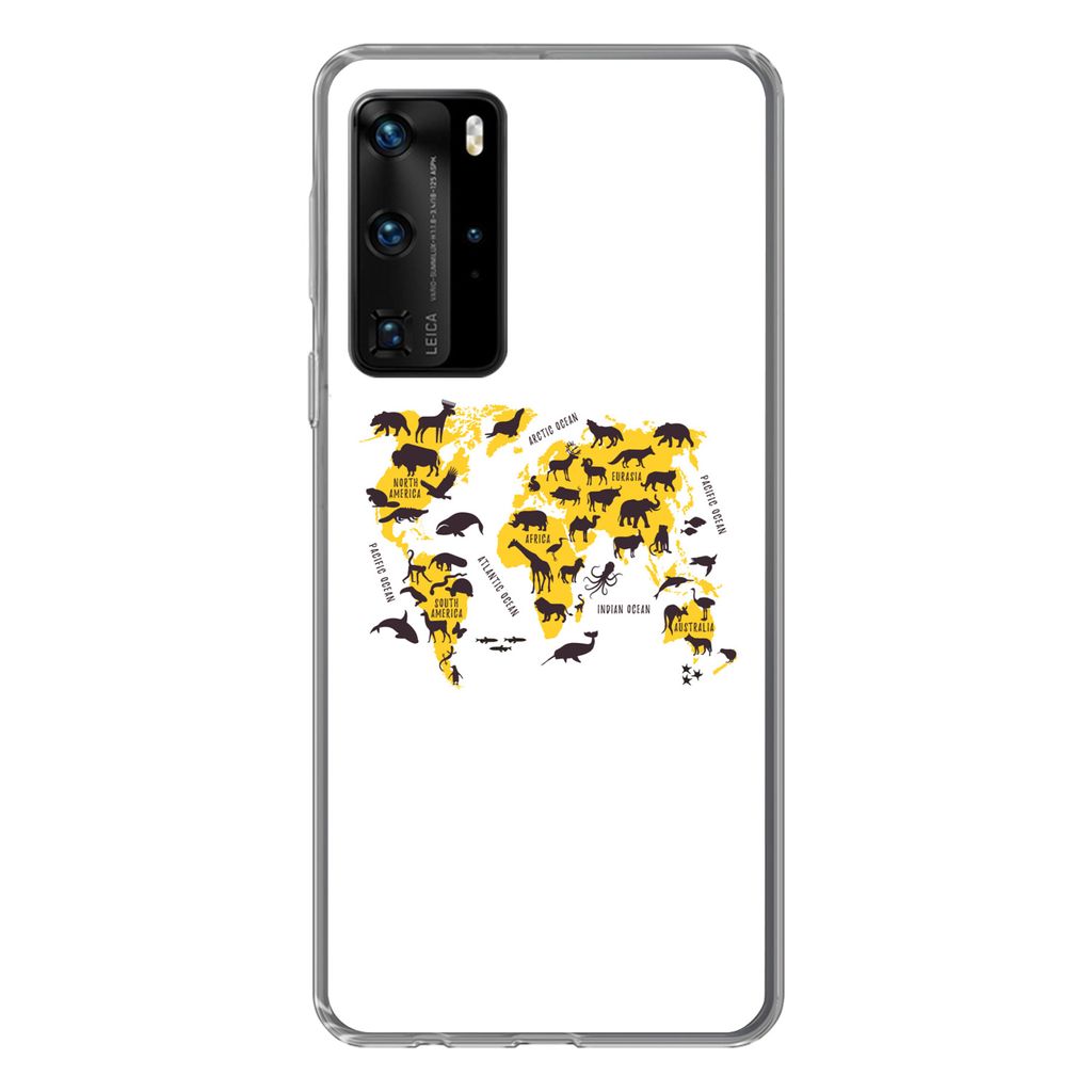 MuchoWow Handyhülle Schutzhülle Hülle für Huawei P40 Pro Weltkarte - Tiere - Gelb Silikon Softcase Handy Hülle - Schutz