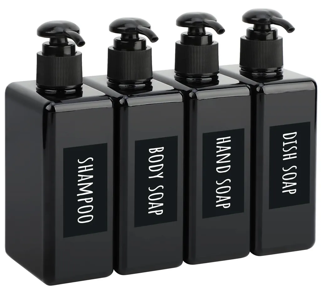 Flacon pompe rechargeable noir 280ml avec étiquettes pour salle de bain