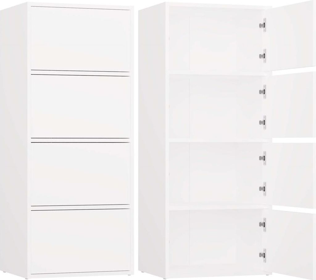 A white cabinet with four doors and four shelves is shown from two different angles.