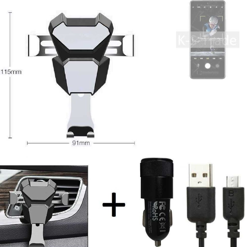 K-S-Trade KFZ Halterung kompatibel mit Xiaomi 12S Pro Halterung Lüftungshalterung Lüftungsschlitz schwarz-silber Autohalterung Handy inkl. KFZ