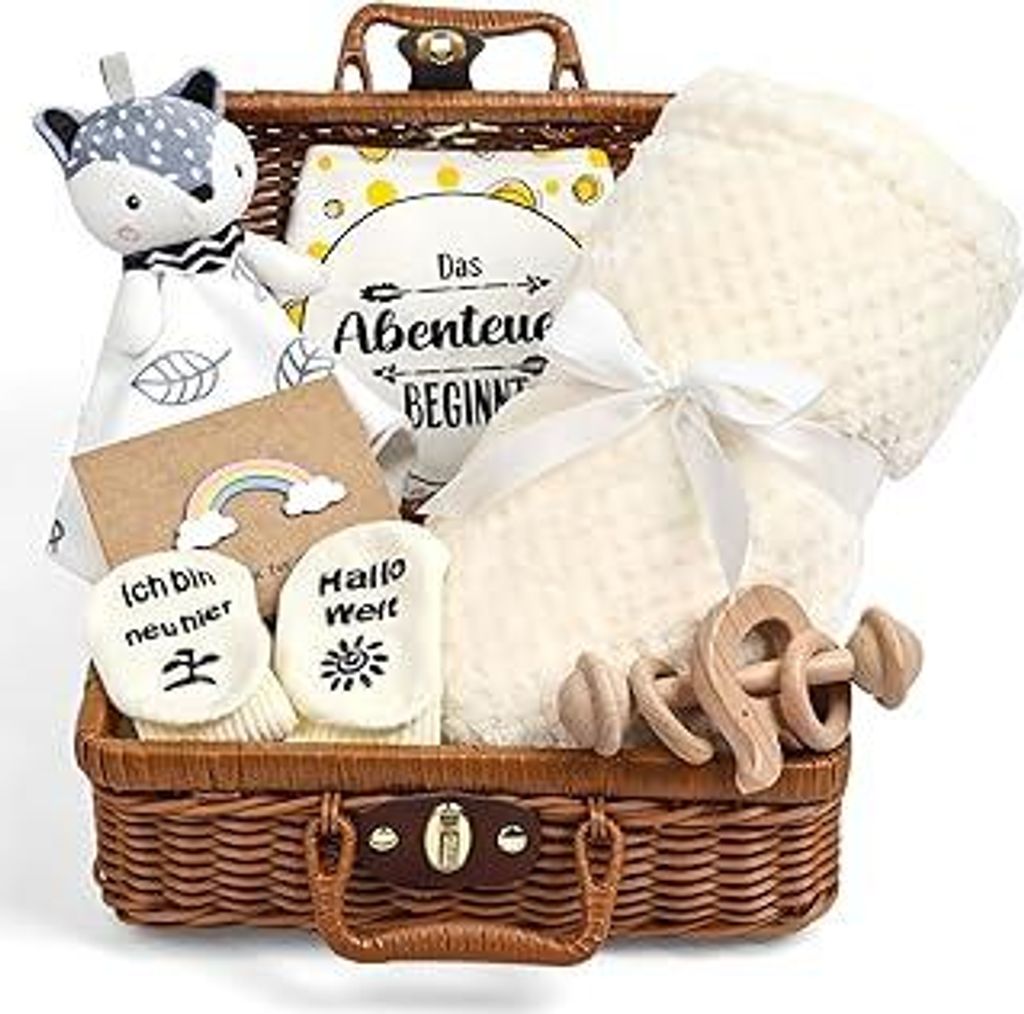 Neugeborenen Geschenk, 7-in-1Baby Geschenkset für Jungen Mädchen: Baby Decke,Schmusetuch, Holzrassel mit Elefant, Lätzchen,Socken in Geschenkbox...