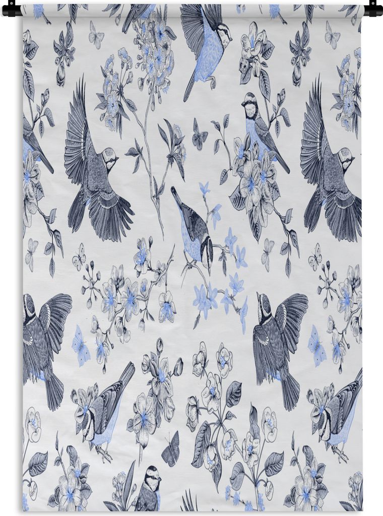 MuchoWow Wandteppich Wandbehang Blumen - Vogel - Blau 60x90 cm Tapisserie Dekoration Wandtuch - Foto-Teppich - Abwaschbar