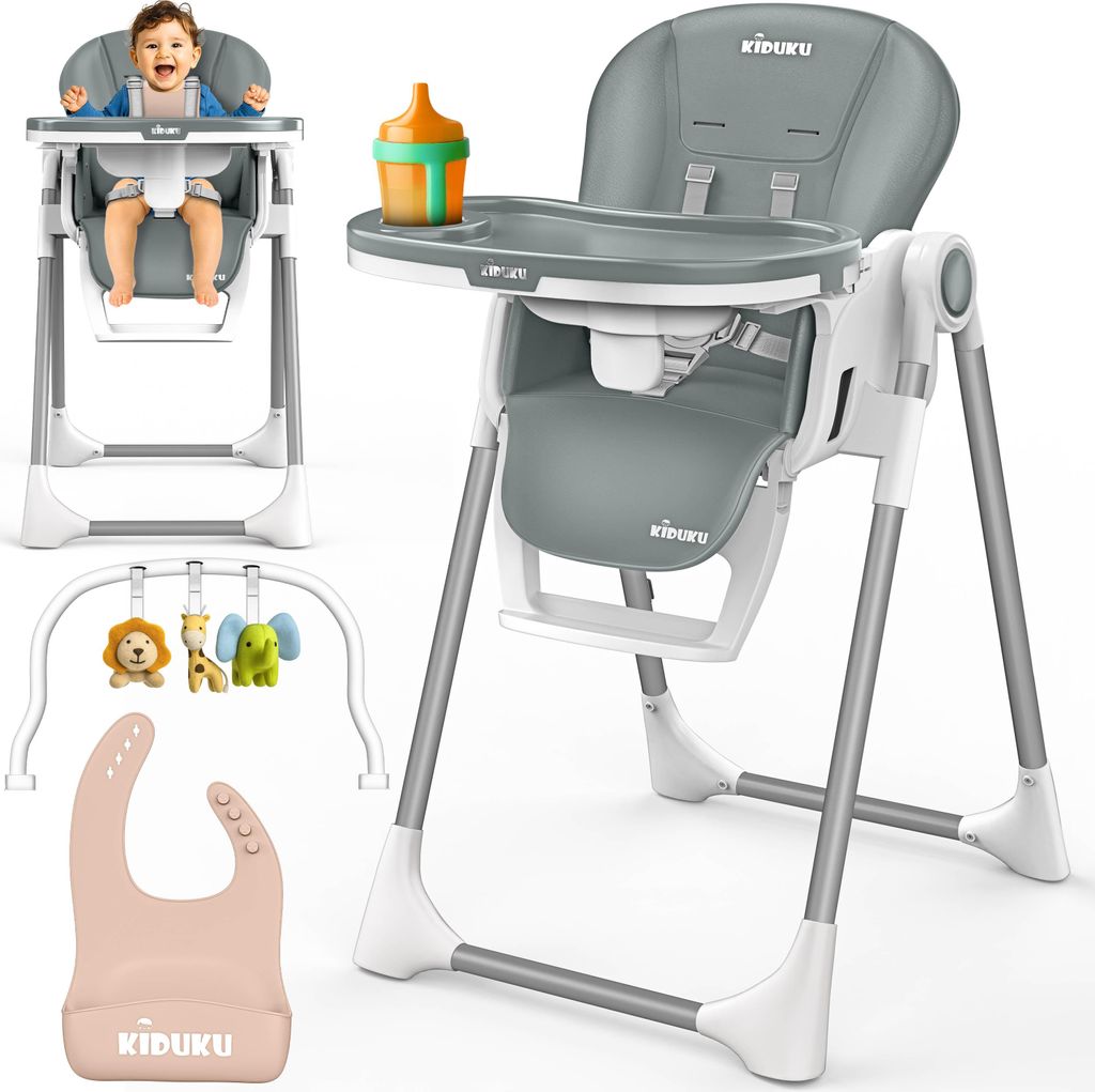 KIDUKU Hochstuhl Baby 3in1 mit Neugeborenenaufsatz + Lätzchen, Spielbogen & Tisch | Kinderhochstuhl klappbar mit Liegefunktion | Kombihochstuhl ...