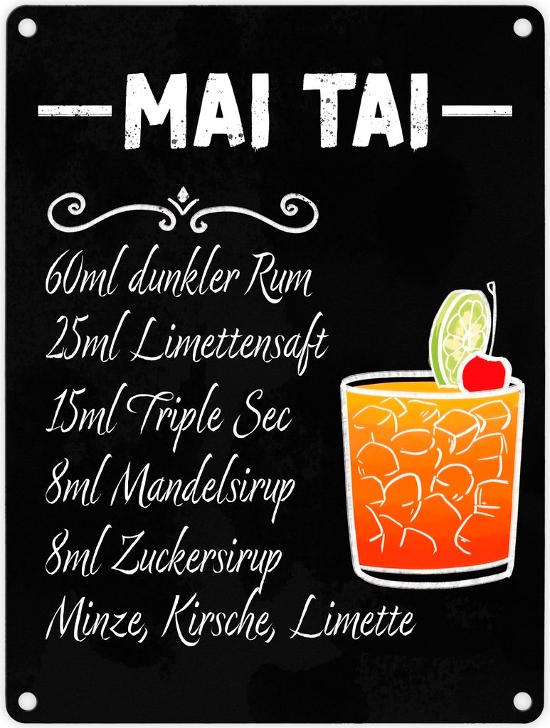 Metallschild in 15x20 cm mit Cocktailrezept für Mai Tai Produktbild 