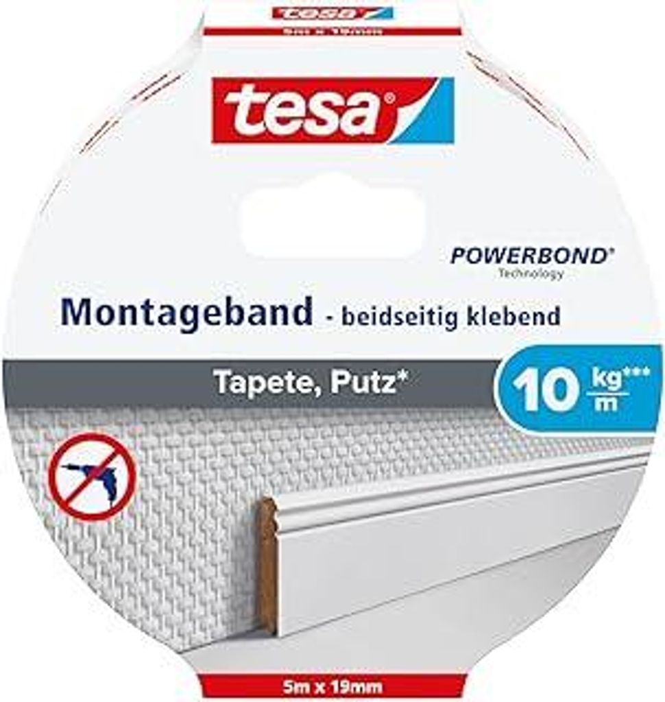 tesa Montageband Tapete&Putz, 10 kg Haltekraft pro Meter - starkes, doppelseitiges Montageklebeband zur Befestigung auf Gips und Tapeten - 5 m x 19 mm