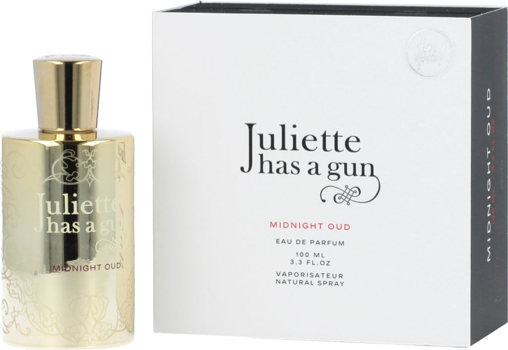 A bottle of Juliette Has a Gun Midnight Oud perfume and its packaging are displayed side-by-side against a white background.