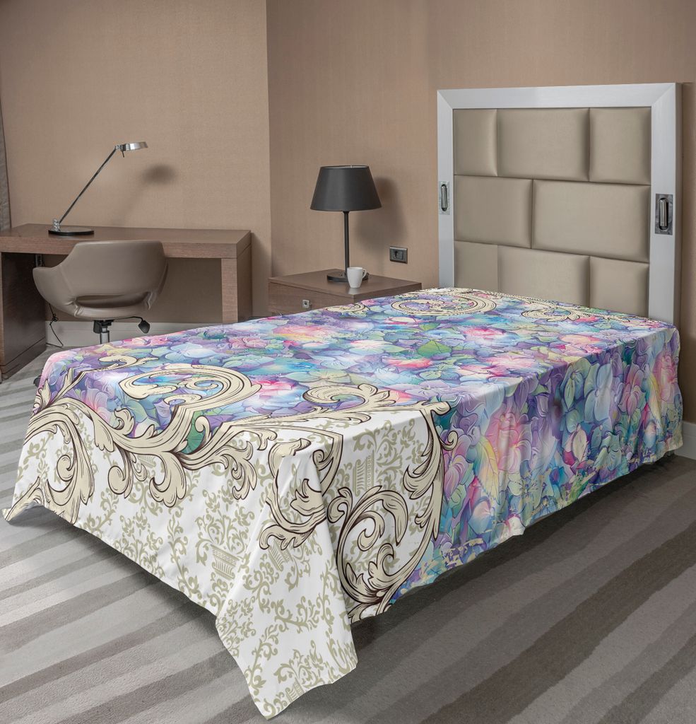 ABAKUHAUS Blume Bettlaken, Bunte Hortensien Romantisches Barock wirbelt Art Nouveau inspiriertes Design Drucken, weiches bequemes oberes Bettlaken ...