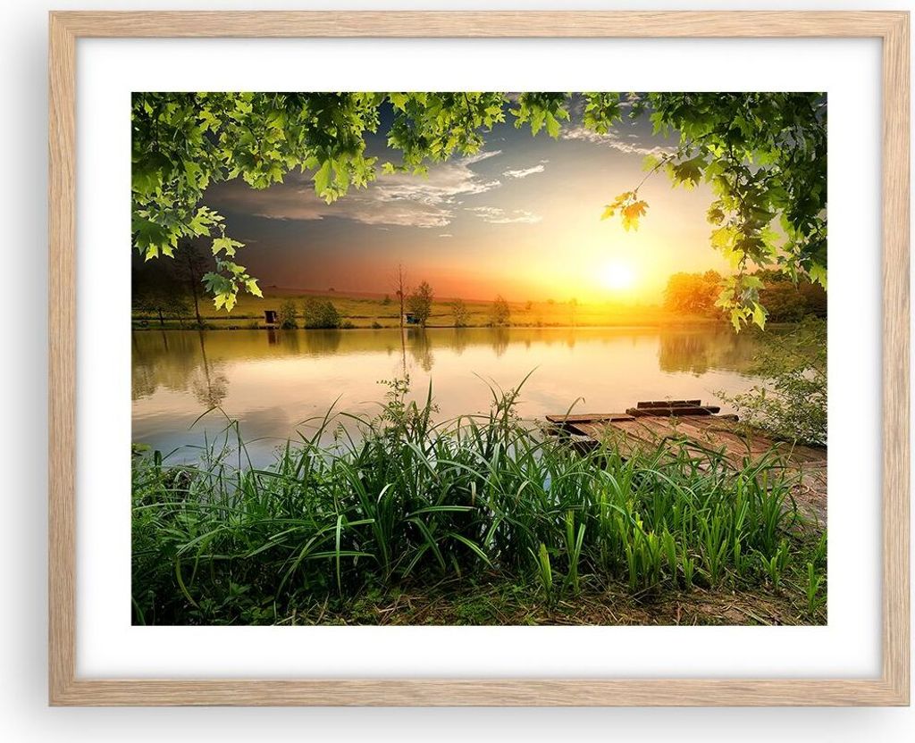 Gerahmtes Poster - Rahmen in heller Eiche - Brücke See - 50x40 cm - Wand Bild - Wanddeko - Wandbilder - Kunstposter - Wandposter - Bilderrahmen - ...