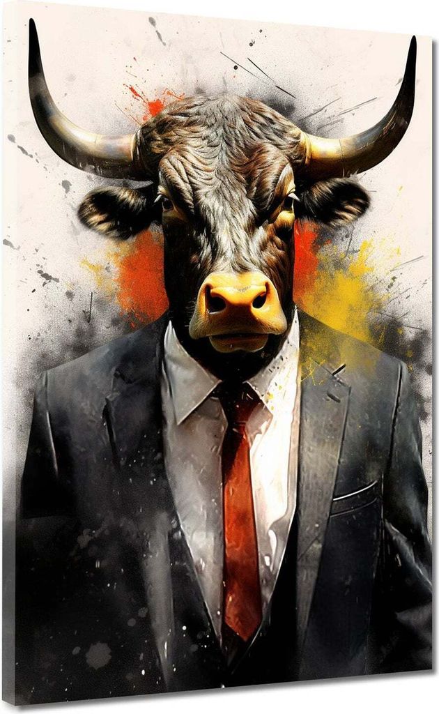 Stier im Anzug abstrakt Leinwandbild Wandbild Kunstdruck XL Wanddeko: 60x80x2cm