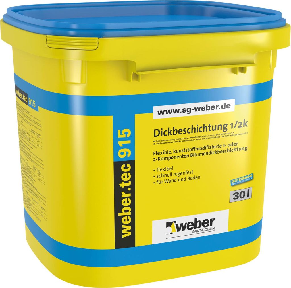 A yellow bucket with blue lid and blue and yellow labels, containing a product.