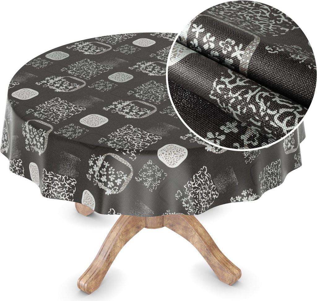 Tischdecke Wachstuch Premium Ornamente Schwarz Robust Wasserabweisend Rund 120 cm