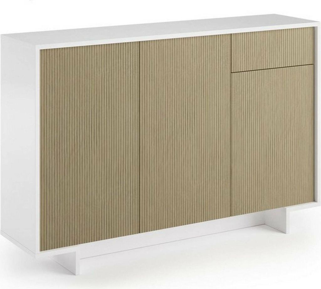 Sideboard Dbakayok, Wohnzimmer-Sideboard, Wohnzimmer-Buffet mit 3 Türen und 1 Schublade, 100 % Italy, 134 x 35 x 87 cm, Weiß und Beige