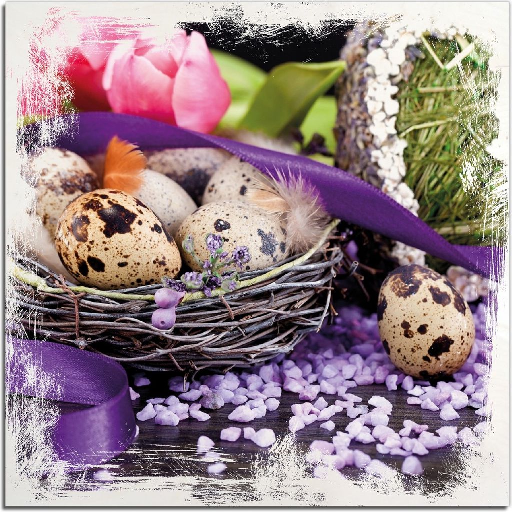 Kunstdrucke Wandbilder Holz in : Brillante Farben, Größe 50 x 50 cm Motiv Ostern - Stillleben II - Bunte Eier, Herzen und Tulpen