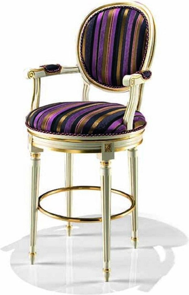 Casa Padrino Luxus Barock Barstuhl mit Armlehnen Mehrfarbig / Elfenbein / Gold - Italy
