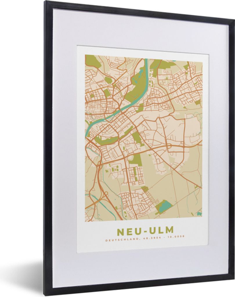 MuchoWow Gerahmtes Poster Stadtplan - Neu-Ulm - Karte - Vintage 30x40 cm - Poster mit Schwarzem Bilderrahmen Wandposter Rahmen Foto Bilder - Wand...