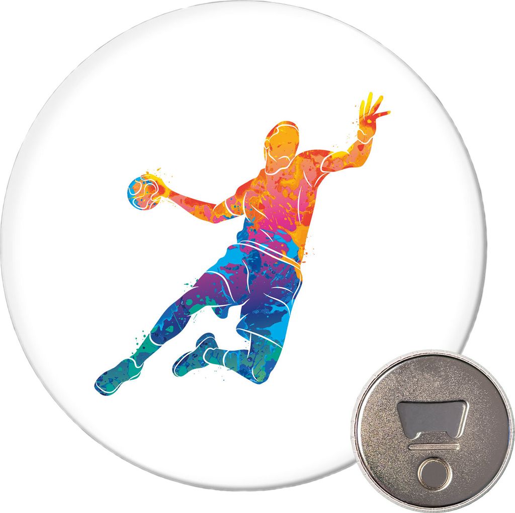Huuraa Magnet Handball bunte Silhouette 59mm Kühlschrankmagnet rund Flaschenöffner Geschenkidee