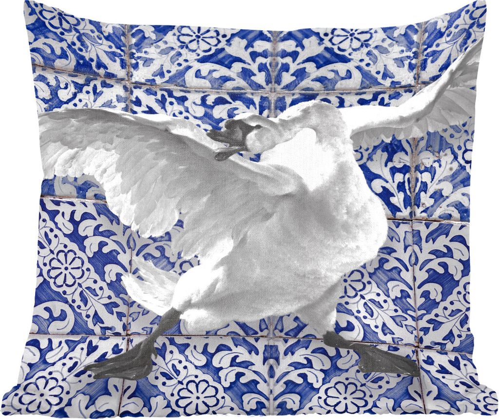 MuchoWow Zierkissen Sofakissen Wohnzimmer Dekokissen 50x50 cm Schwan - Kunst - Delfter Blau - Malerei - Alte Meister - Komfort - Sofakissen