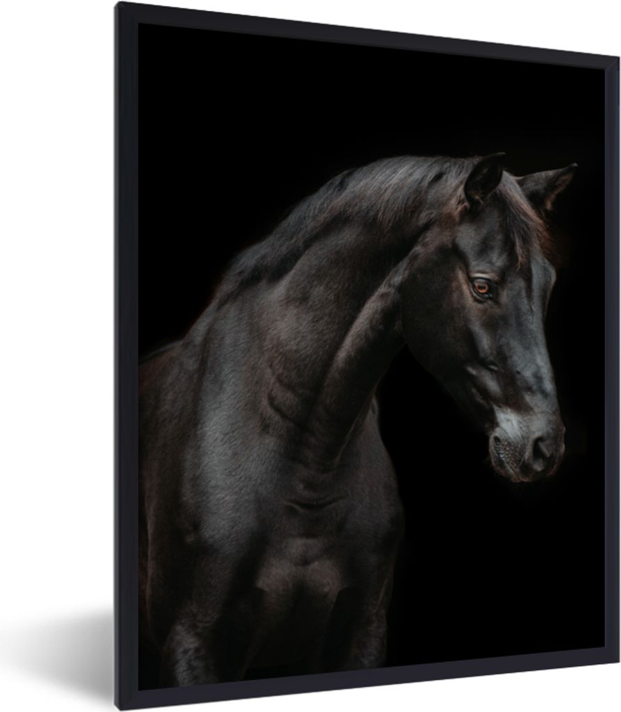 MuchoWow Gerahmtes Poster Pferd - Tiere - Schwarz - Porträt 30x40 cm - Poster mit Schwarzem Bilderrahmen Wandposter Rahmen Foto Bilder - Wanddek...
