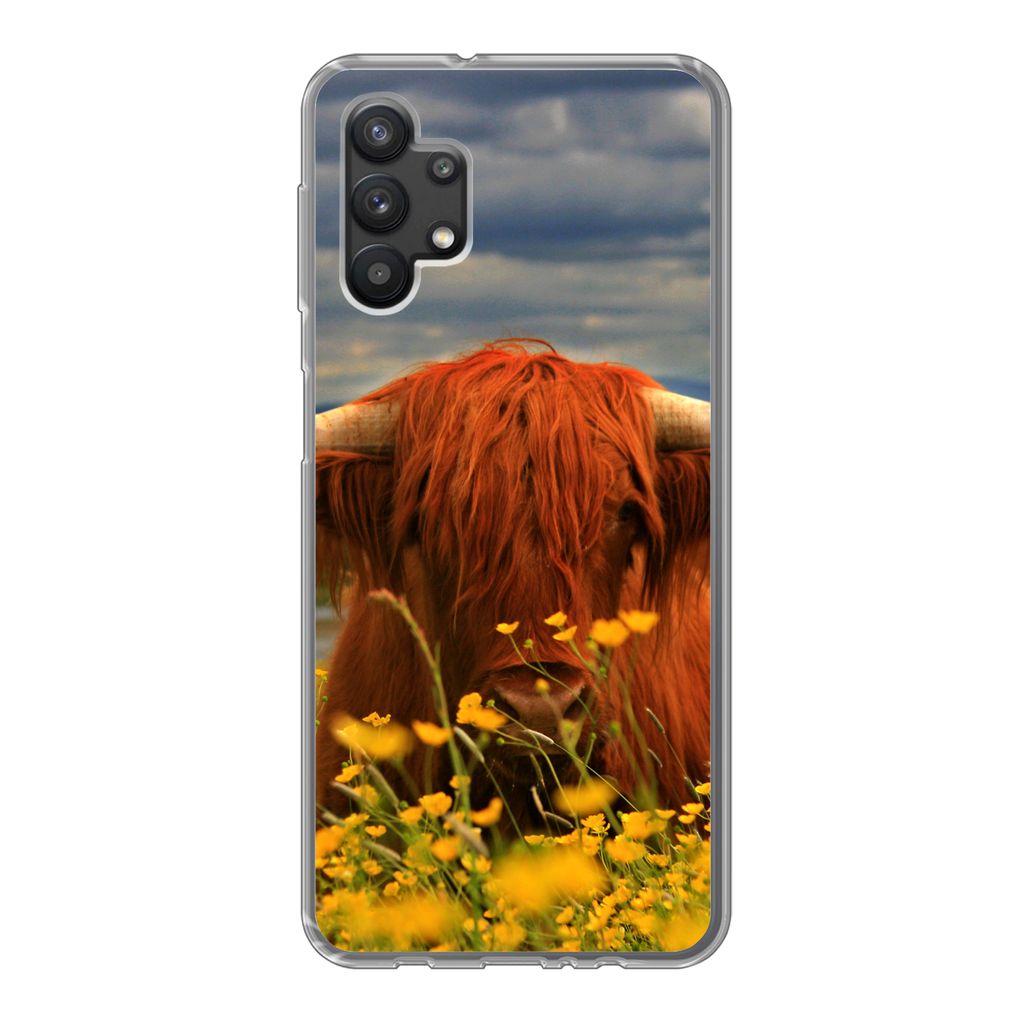MuchoWow Handyhülle Schutzhülle Hülle für Samsung Galaxy A32 5G Schottischer Highlander - Tiere - Blumen Silikon Softcase Handy Hülle - Soft...