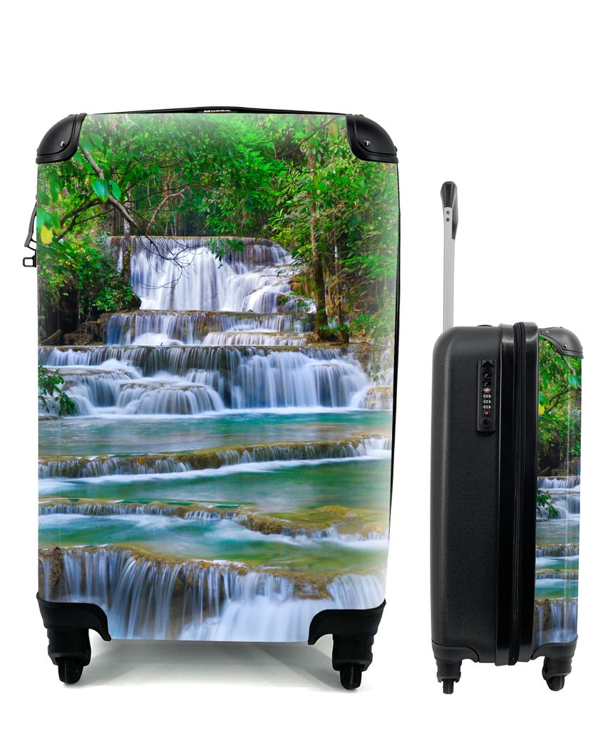 MuchoWow Koffer Handgepäck Trolley Rollkoffer Kleine Reisekoffer mit 4 Rollen - Wasserfall - Bäume - Natur - Dschungel - Cabin Size < 55x40x23 ...