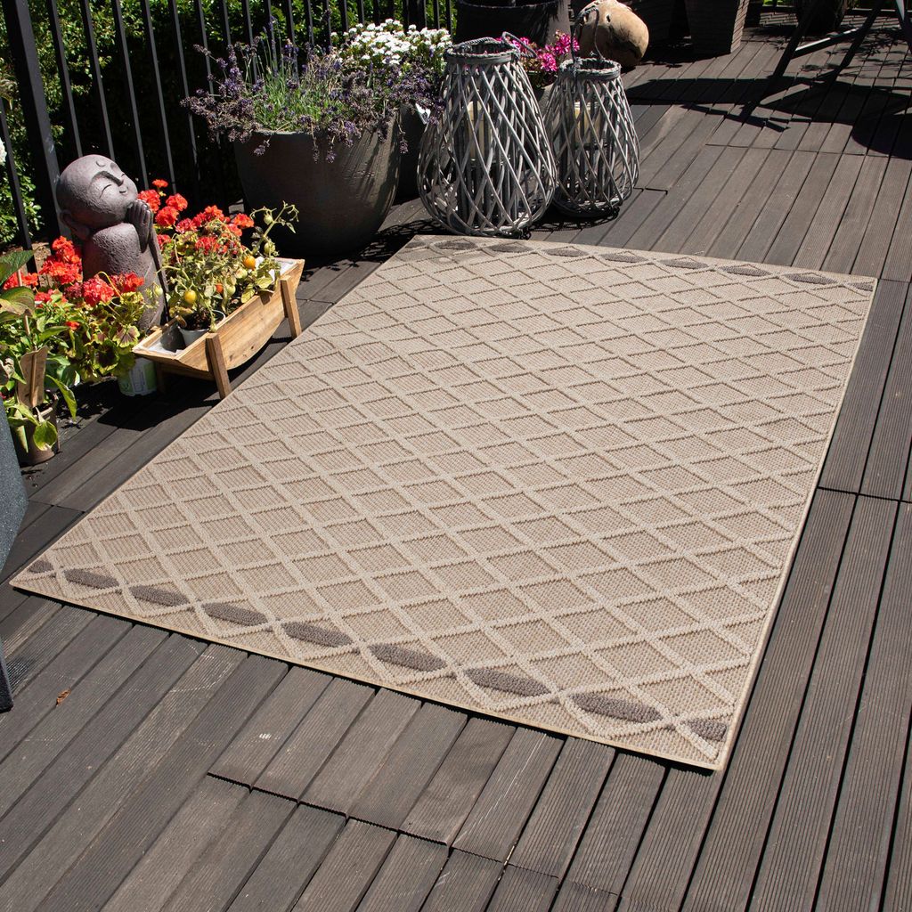 In & Outdoor Teppich Wetterfest Rauten Design für Küchen Balkon Terrasse Garten oder Wohnzimmer Teppich, Größe: 240 x 340 cm, Farbe: Beige-3