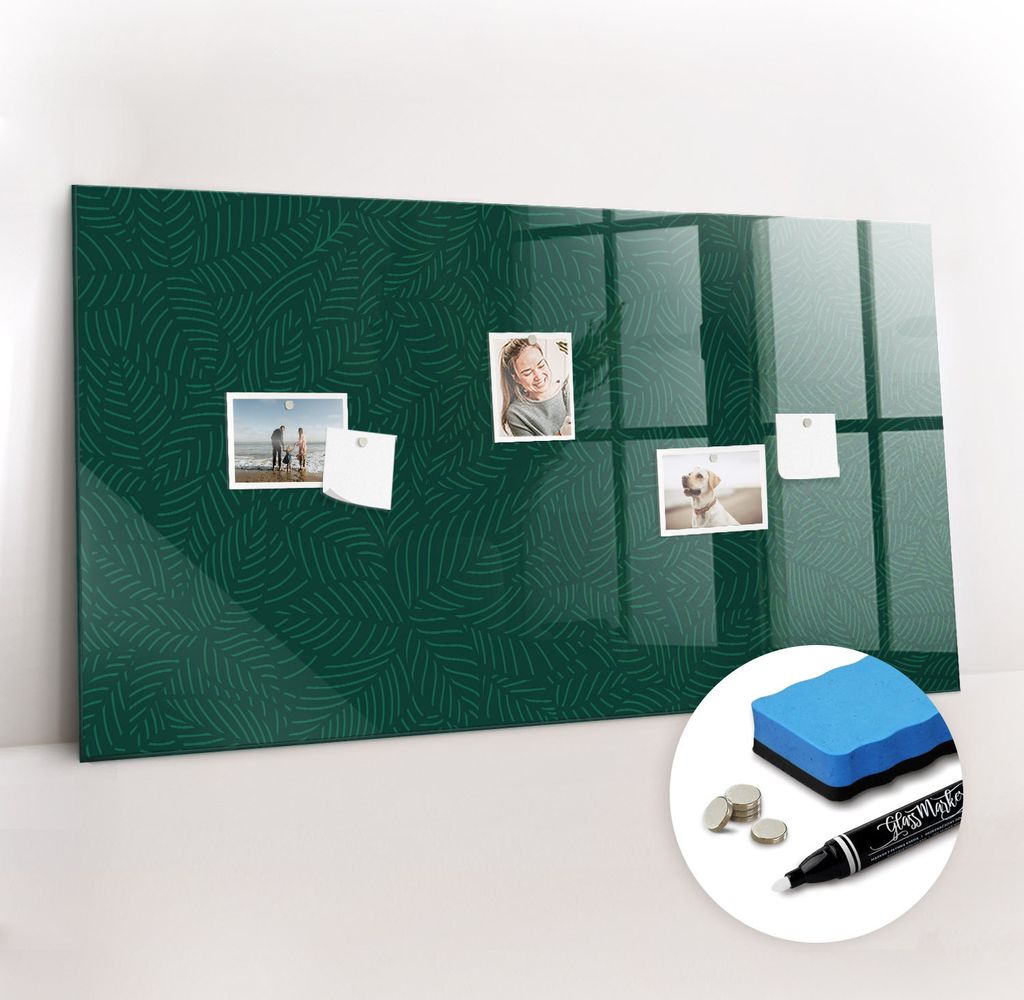 Magnetpinnwand Memoboard - Zubehörsatz - Weißer Marker + Schwamm + Magnete - 120 x 60 cm - Blättermuster