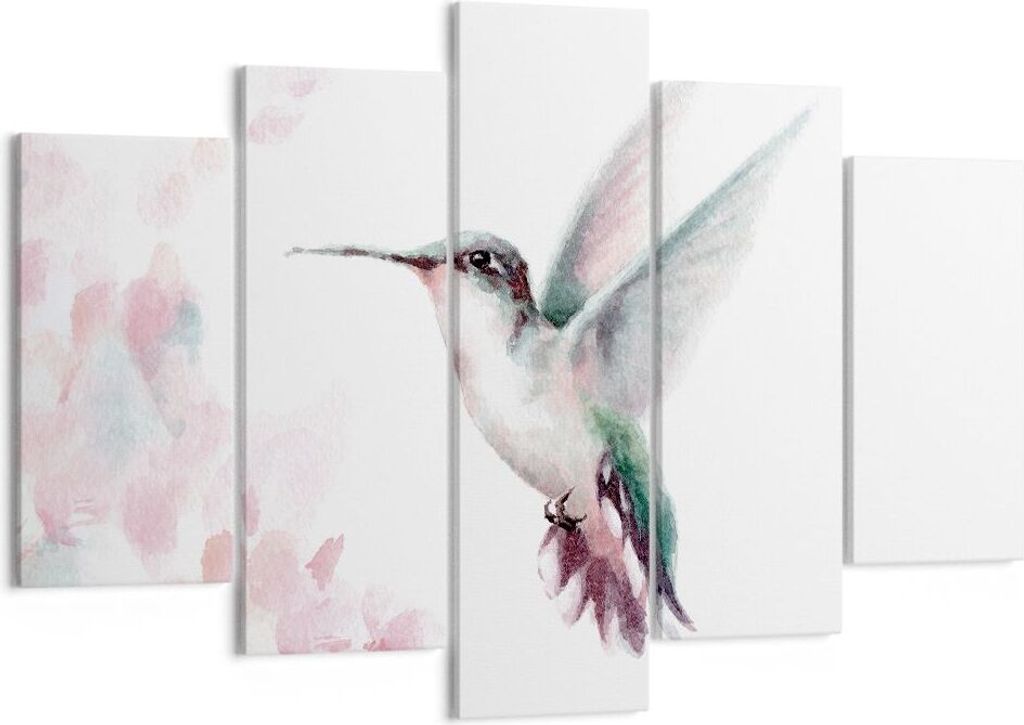 Bild auf Leinwand - Leinwandbild - 5 Teile - Kolibri Aquarell Licht - 150x100cm - Wand Bild - Wanddeko - Wandbilder - Leinwanddruck - Bilder - Wand...
