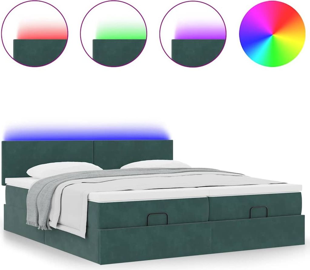 Ottoman-Bett mit Matratzen & LEDs Dunkelgrün 200x200 cm Samt