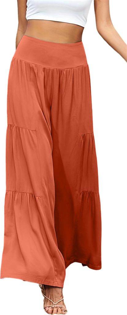 ASKSA Damen Leinenhose Sommer Elegant Hohe Taille Weites Bein Freizeithose Leichte Hosen, Ziegelrot, Groesse: L