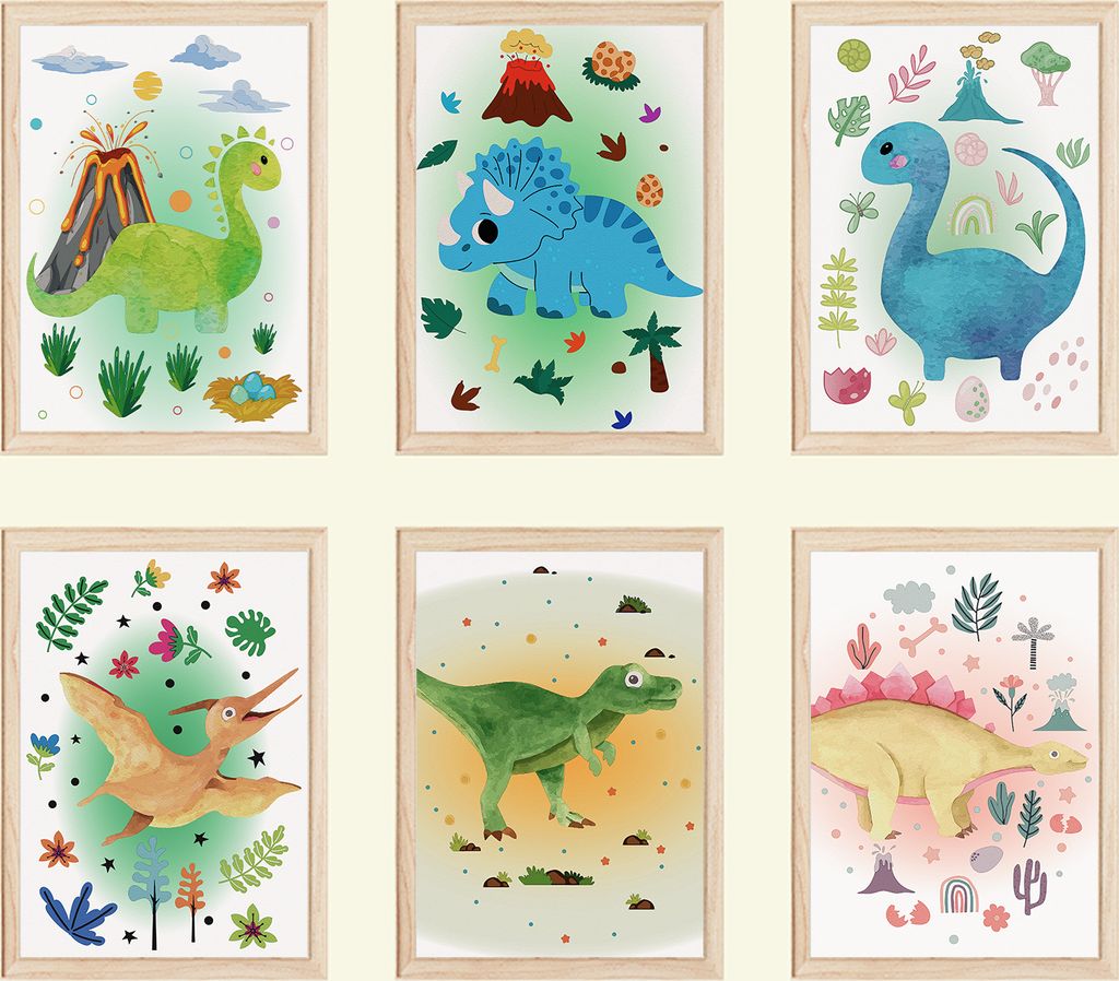 Dinosaurier Bilder 6er Set DIN A4 Kinderzimmer Dino Wandbilder Babyzimmer Poster Dekoration