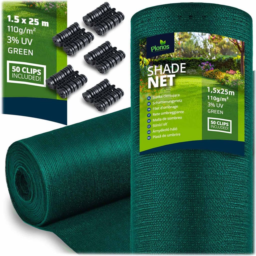 Schattierungsnetz 1,5x25m 110 g/m2 + 50 Klammern grün Produktbild 