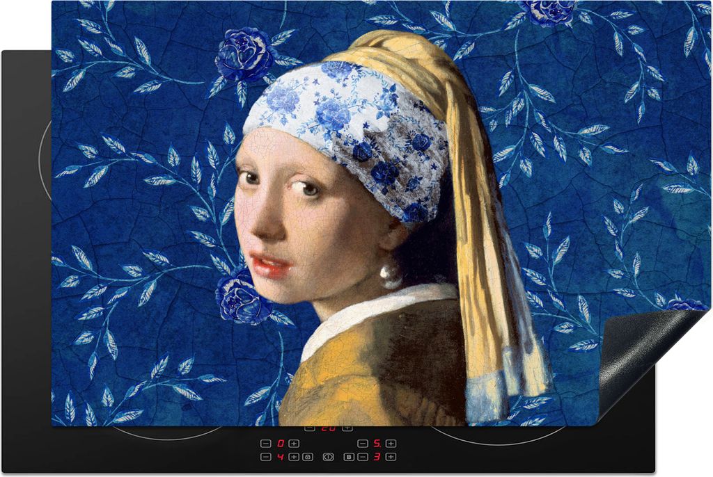 KitchenYeah Herdabdeckplatte Mädchen mit Perlenohrring - Delfter Blau - Vermeer - Blumen - Gemälde - Alte Meister , 81x52cm, Küche Deko, Glask...