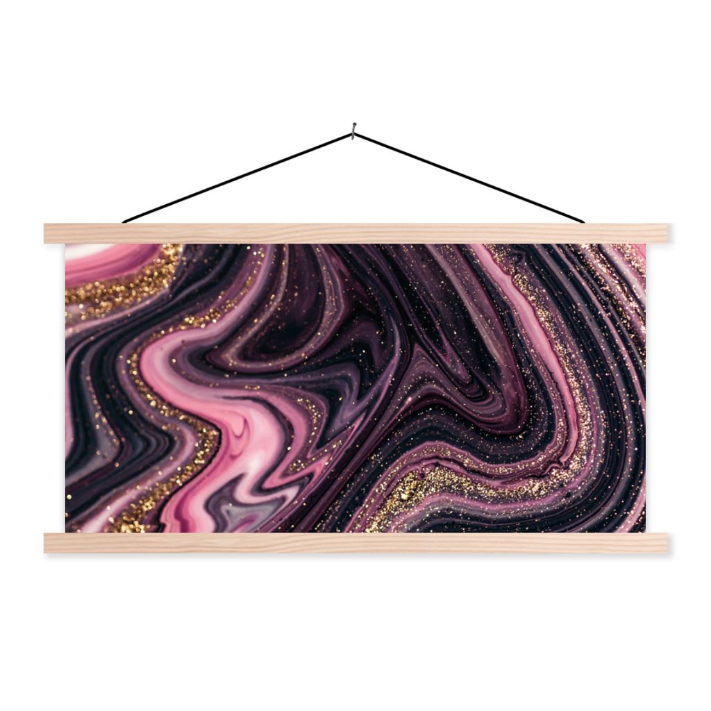 MuchoWow Textilposter Marmoroptik - Rosa - Lila - Gold - Luxus - Marmor 120x60 cm mit holzfarbenen Rahmen - Klemmleiste