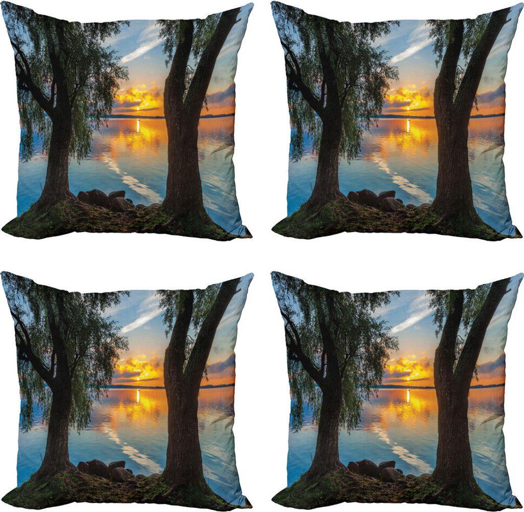 ABAKUHAUS Weidenbaum Kissenbezug Set (4 Stück), Sonnenaufgang über den See, Moderner Doppelseitiger Digitaldruck, 45 cm x 45 cm, Mehrfarbig