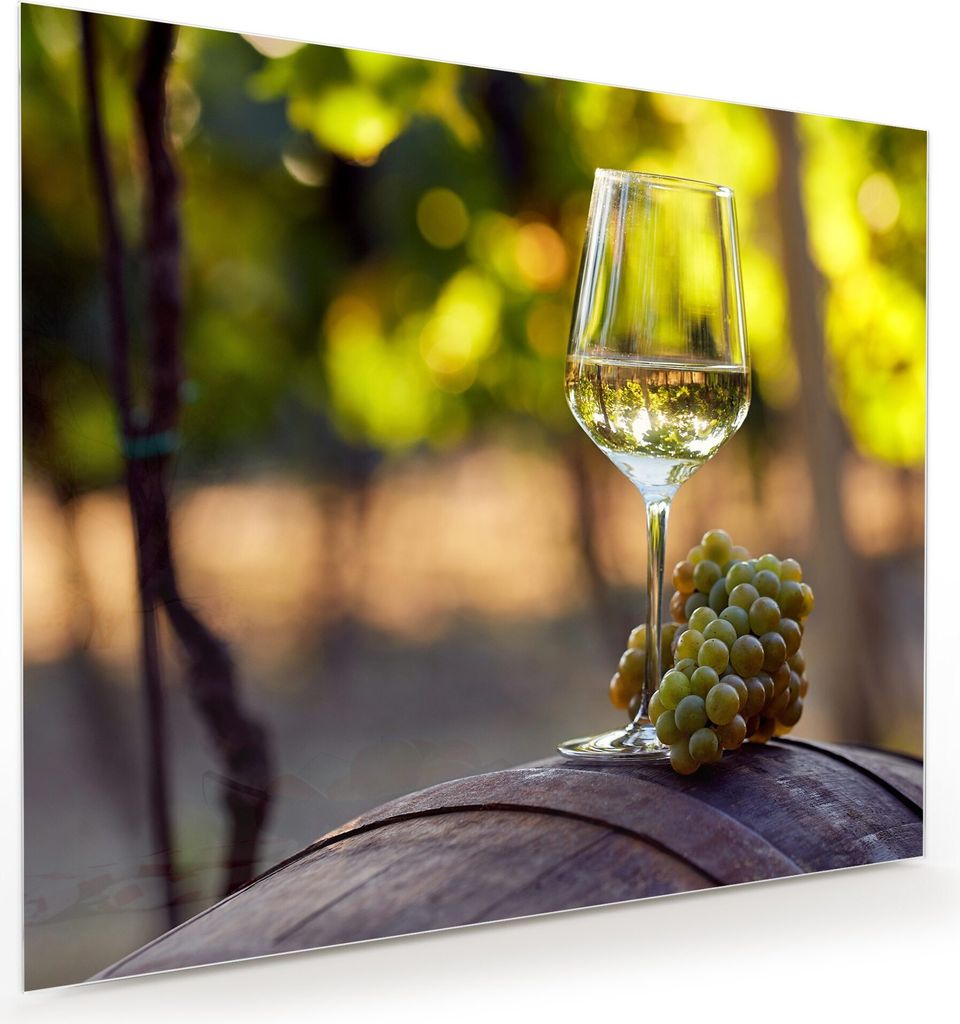 Glasbild Wandbild Glas Weisswein auf Barrel 60x50cm in XXL für Wohnzimmer, Schlafzimmer, Badezimmer, Flur