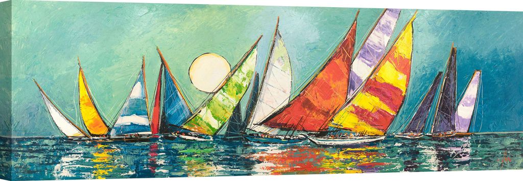 Kunstdruck auf Leinwand, Segelboote – Luigi Florio, Regatta im Mondschein I – 150x50 cm