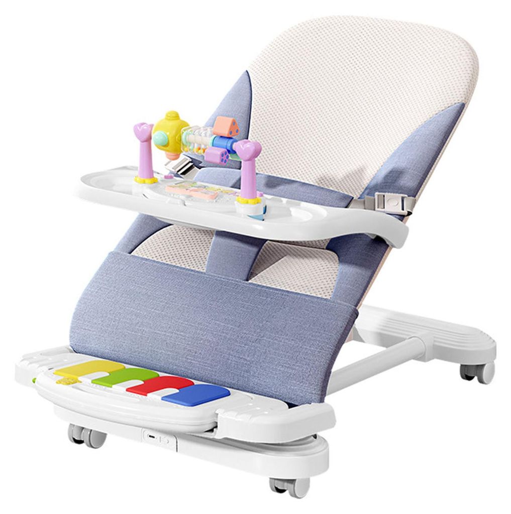 Baby-Schaukelstuhl mit herausnehmbarem Essenstablett, Universalräder, Fuß, Klaviermusik