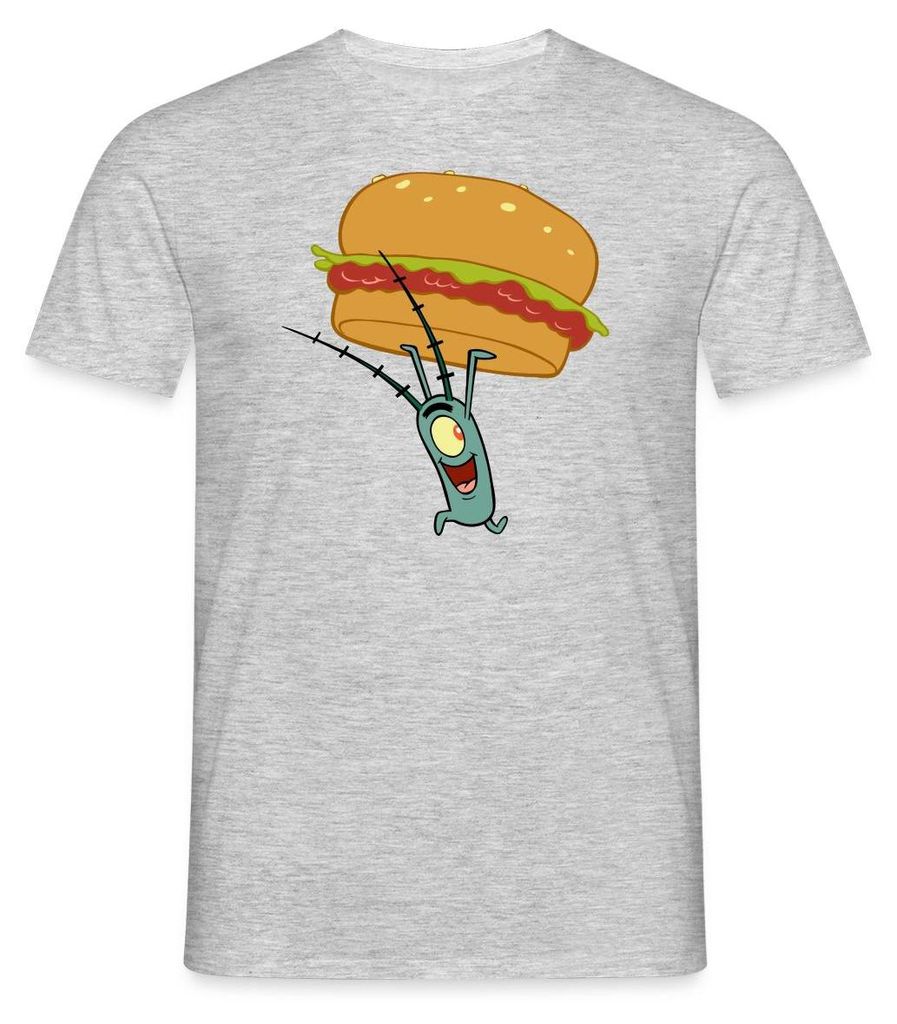 Spreadshirt Spongebob Schwammkopf Plankton Mit Hamburger Männer T-Shirt, M, Grau meliert