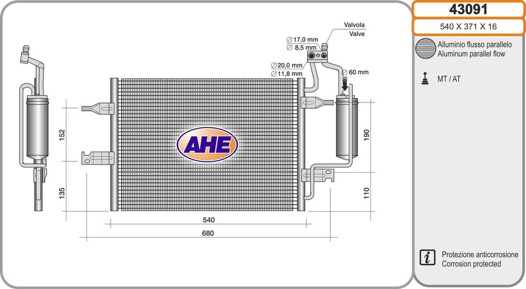 AHE 43091 Kondensator Klimaanlage Klimakondensator für OPEL Meriva A (X03)