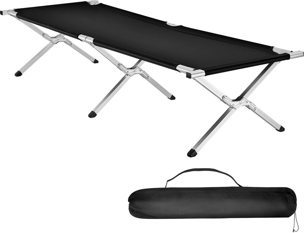 A black camping cot with a silver aluminum frame is shown, along with its black carrying bag.