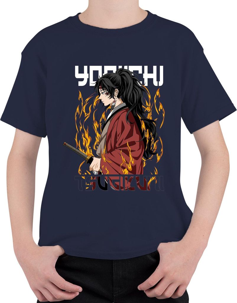 Samurai Katana Anime Flammen Kriegerin Pferdeschwanz Geschenk Uni Kinder T-Shirt, Navy, 128