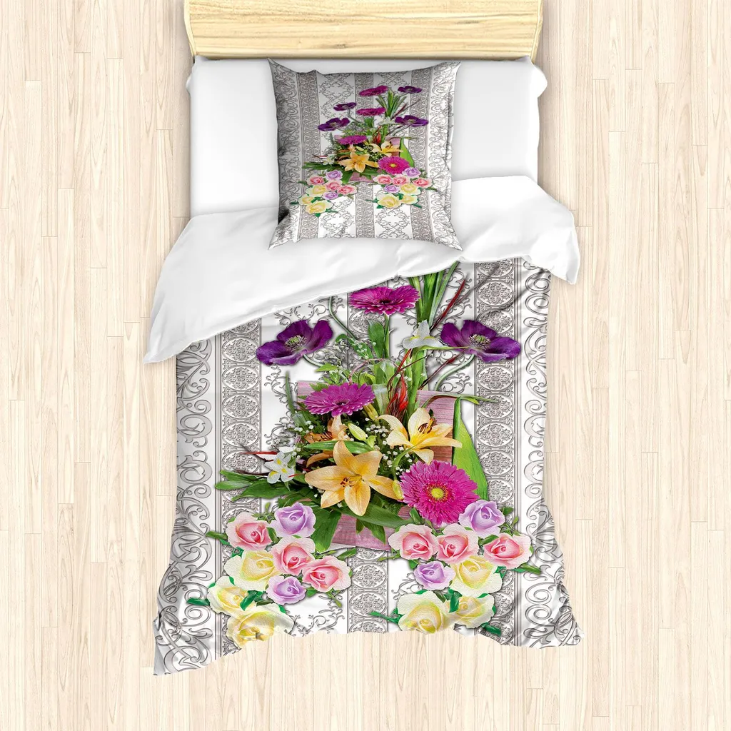 Housse de couette Fleur vintage 135x200 cm en tissu doux Taupe chaud