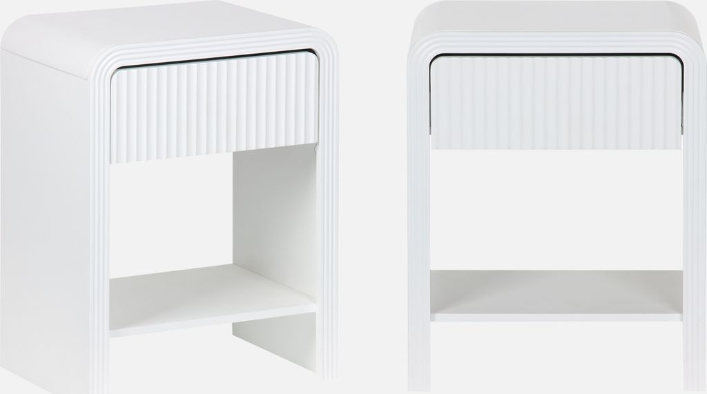 Two white nightstands are shown against a white background.