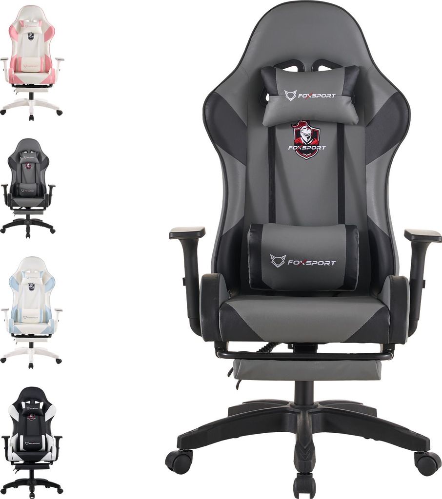 A collage of different colored gaming chairs, with one chair prominently displayed in the foreground.