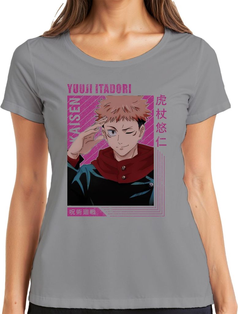 Jujutsu Kaisen Yuji Itadori Anime Manga Geschenk Fan Retro Damen T-Shirt, Grau, S