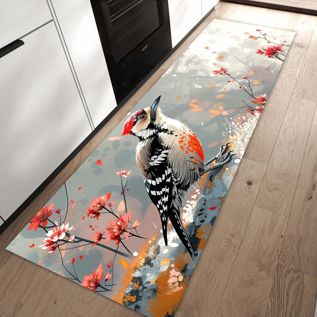 Küchenteppich 80x250cm rutschfest & abwischbar PVC Läufer - Specht zwischen Blumen