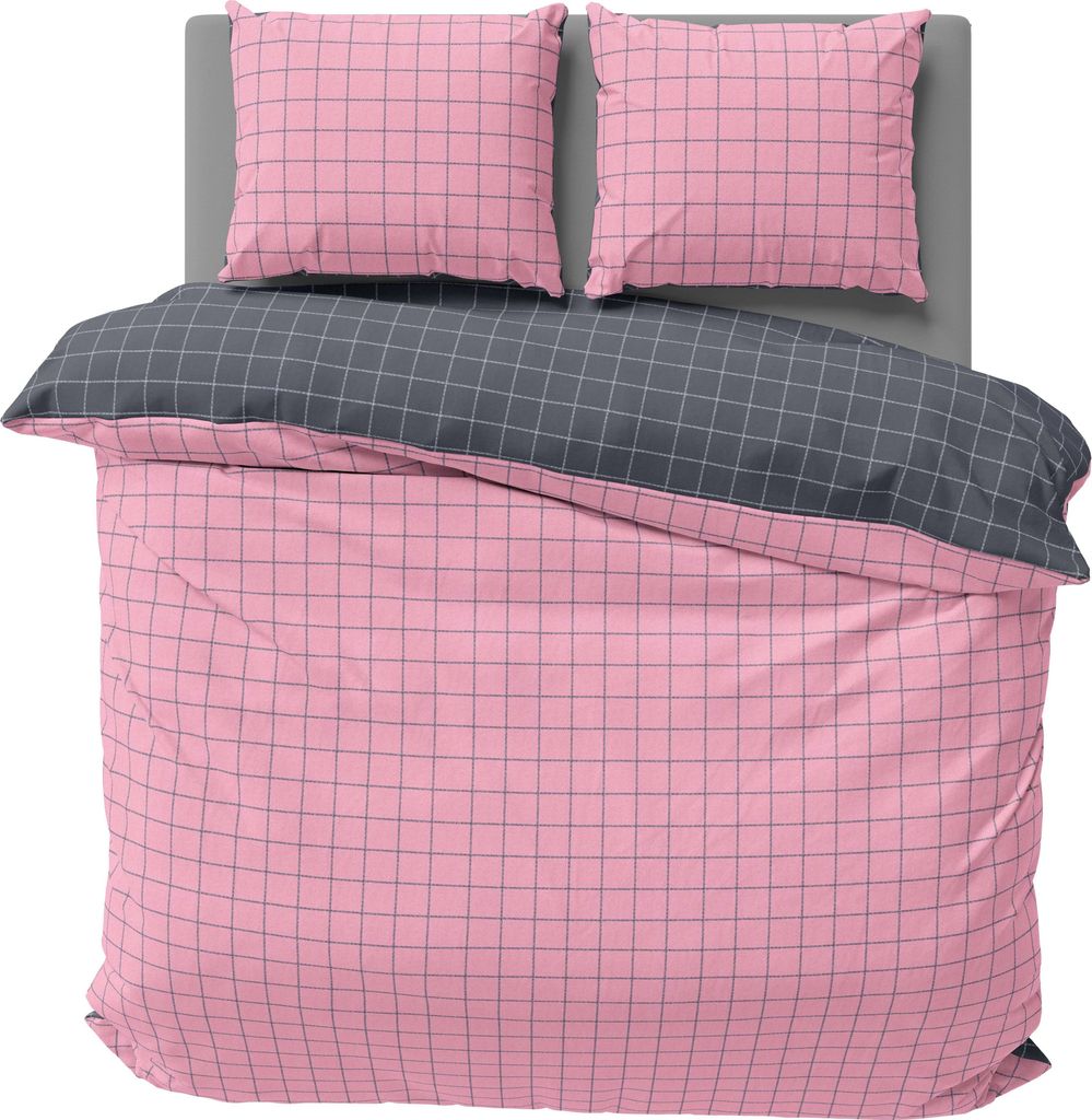 Wende Bettwäsche Kariert Karo modern Renforcé Baumwolle mit Reißverschluss, Größe:3 teilig 240x220 cm, Farbe:rosa / anthrazit