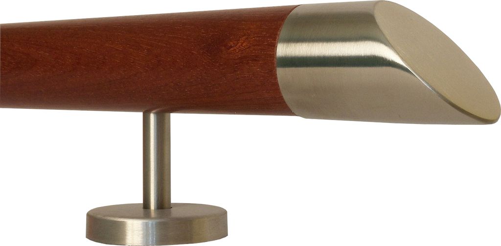 TIBU Mahagoni Holz Handlauf Geländer 0,3m - 5m, Länge 80 cm, schräges Edelstahlendstück und 2 gerade Halter