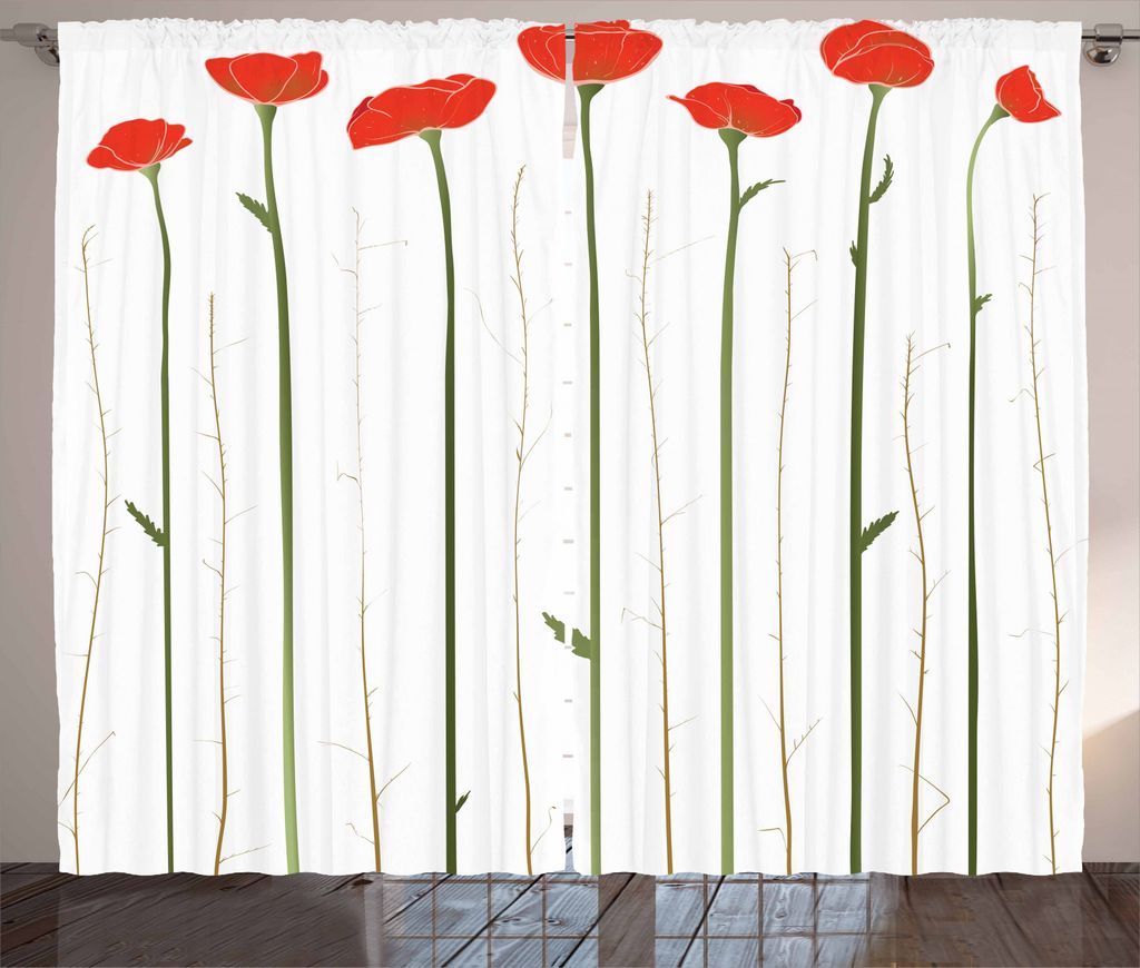 ABAKUHAUS Blume Rustikaler Vorhang, Rote Mohnblumen auf Frühling, Wohnzimmer Universalband Gardinen mit Schlaufen und Haken, 280 x 245 cm, Vermili...